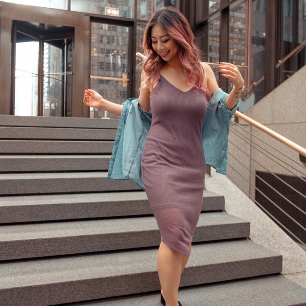 Express Sheer Ribbed Midi Dress, Purple, Size M